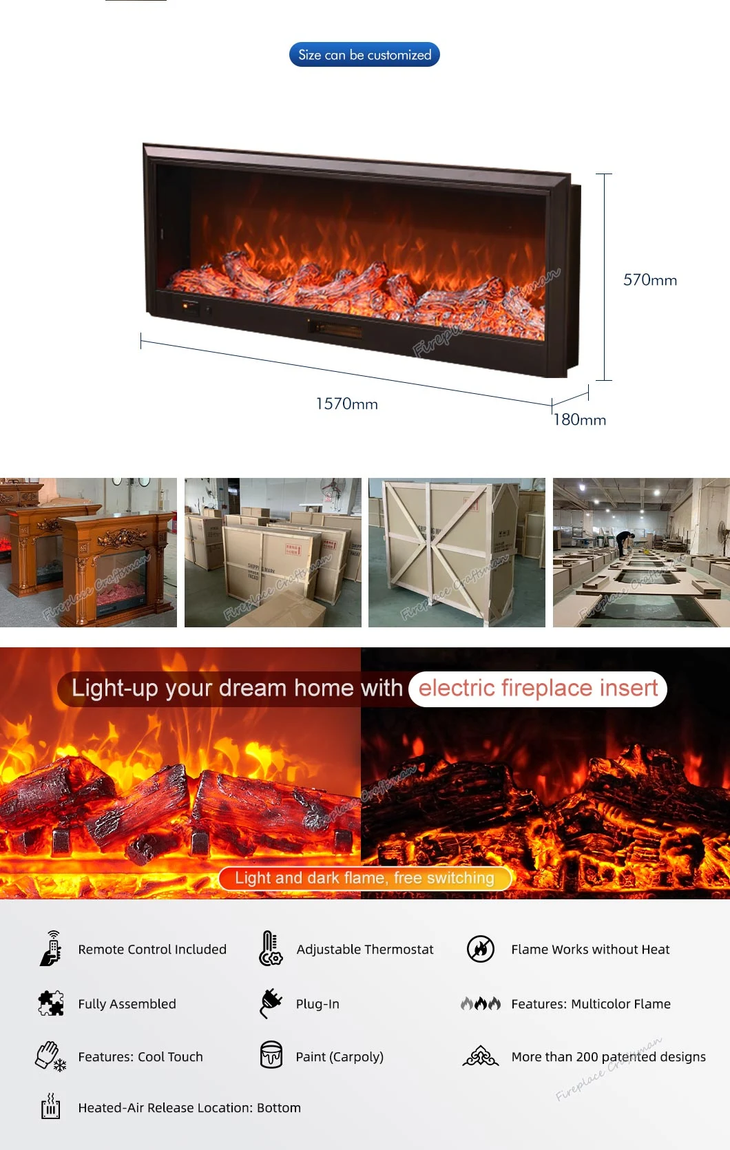 Custom Size Decor Wall Built in Electric Fireplace Modern Faux LED Flame Remote Control Decorative Indoor Insert Electric Fireplace