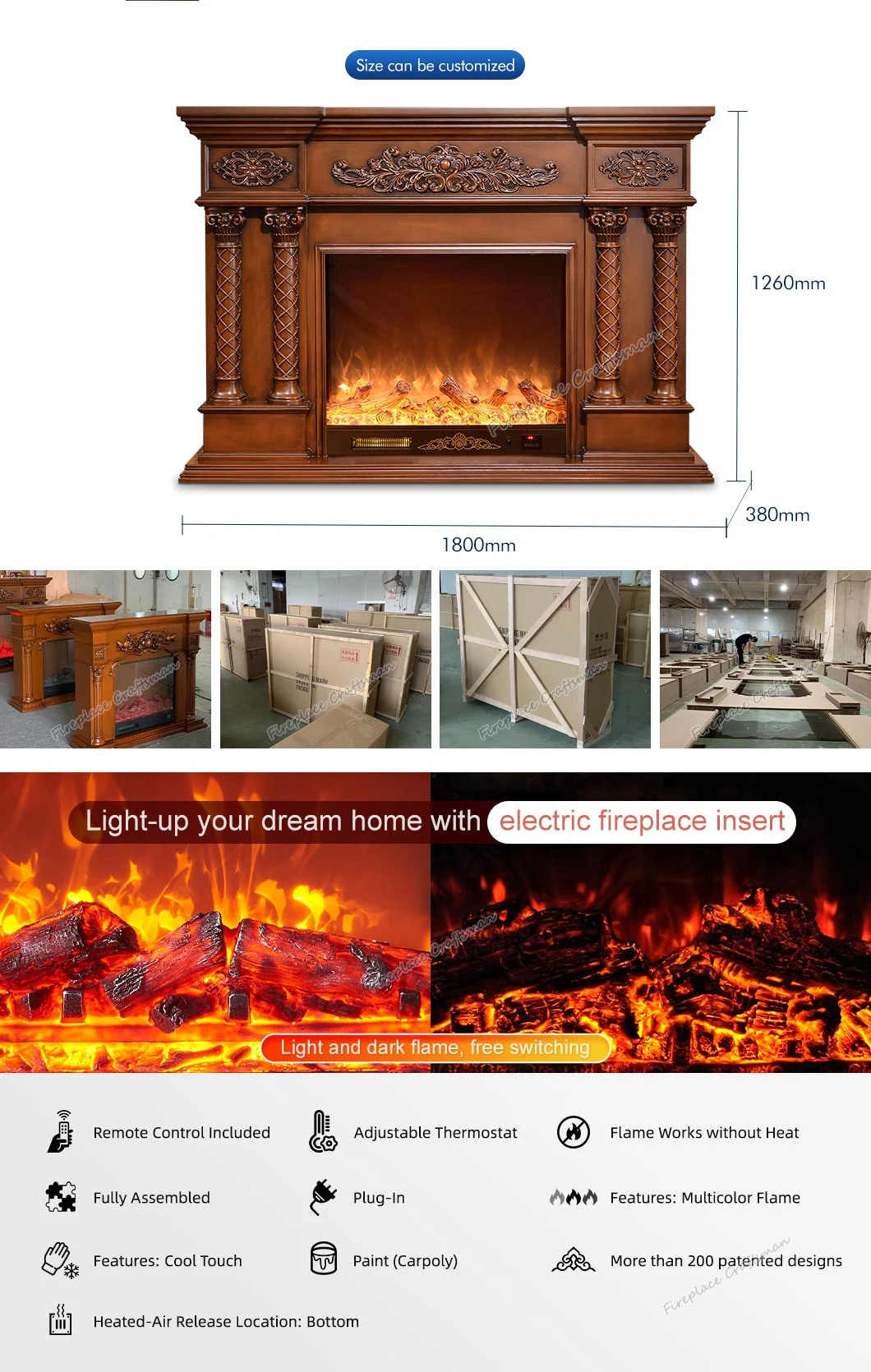 Freestanding Portable Home Use 3D Flame Wooden Electric Heater Fireplace